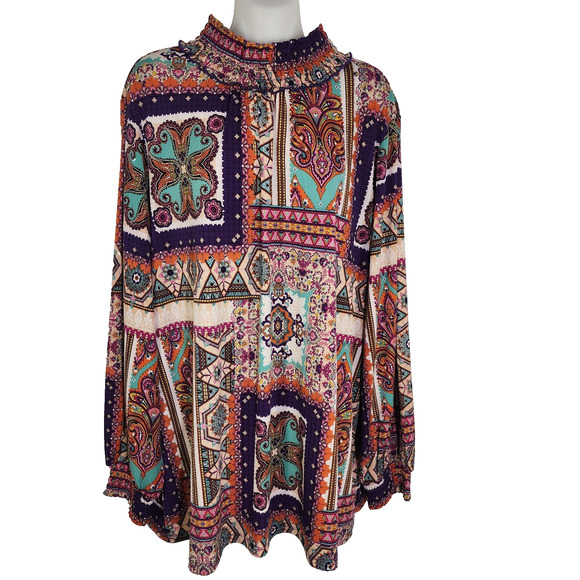 Susan Graver Women Top 2X Print Liquid Knit Long Sleeve Smock Mock Neck A310695 - Picture 1 of 11
